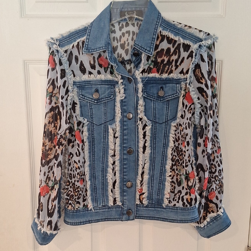 A.Z.I. Jeans Denim Trucker Jacket- Sheer Leopard Animal Print Sleeves/Bodice-XS